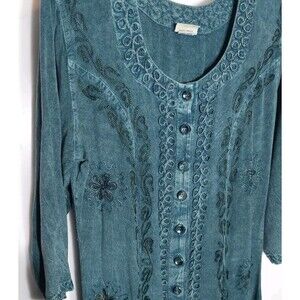 Vintage Magic Stonewashed Teal Rayon Boho Paneled Maxi Dress Embroidered Free Sz